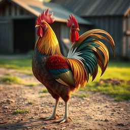 A highly detailed and artistic rendering of a majestic rooster with an impressive, vibrant plumage, showcasing its feathers in various shades of red, gold, and green, standing confidently on a farmyard