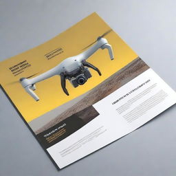 A modern, digital art brochure showcasing industrial drone systems with sections for 'Ready Built' and 'Build to Order' options, features, specifications, autopilot/payload, ground control systems, applications, company history, and contact details