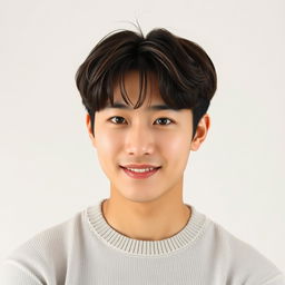 A handsome 25-year-old Korean male with a fresh, stylish look, sporting smooth, flawless skin and dark brown, slightly tousled hair that falls casually over his forehead