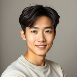 A handsome 25-year-old Korean male with a fresh, stylish look, sporting smooth, flawless skin and dark brown, slightly tousled hair that falls casually over his forehead