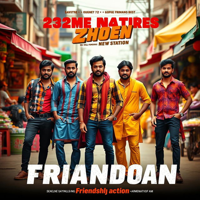 A cinematic action film poster featuring five 23-year-old Indian men, all wearing an array of vibrant, random Indian outfits that reflect traditional and modern styles