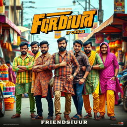 A cinematic action film poster featuring five 23-year-old Indian men, all wearing an array of vibrant, random Indian outfits that reflect traditional and modern styles