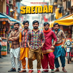 A cinematic action film poster featuring five 23-year-old Indian men, all wearing an array of vibrant, random Indian outfits that reflect traditional and modern styles