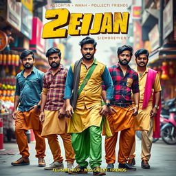 A cinematic action film poster featuring five 23-year-old Indian men, all wearing an array of vibrant, random Indian outfits that reflect traditional and modern styles