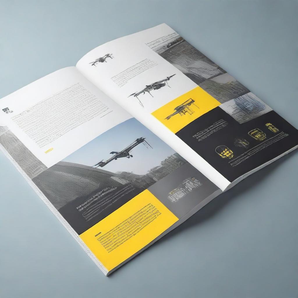 A modern, digital art brochure showcasing industrial drone systems with sections for 'Ready Built' and 'Build to Order' options, features, specifications, autopilot/payload, ground control systems, applications, company history, and contact details