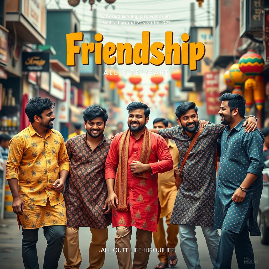 A cinematic friendship film poster featuring five Indian men, all around 23 years old, showcasing their camaraderie on a bustling street