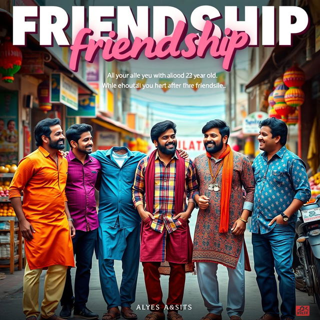 A cinematic friendship film poster featuring five Indian men, all around 23 years old, showcasing their camaraderie on a bustling street