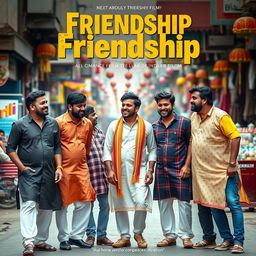 A cinematic friendship film poster featuring five Indian men, all around 23 years old, showcasing their camaraderie on a bustling street