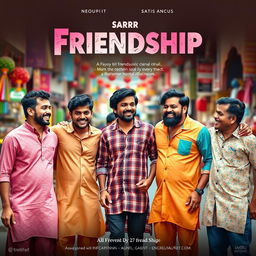 A cinematic friendship film poster featuring five Indian men, all around 23 years old, showcasing their camaraderie on a bustling street