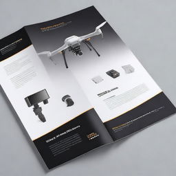 A modern, digital art brochure showcasing industrial drone systems with sections for 'Ready Built' and 'Build to Order' options, features, specifications, autopilot/payload, ground control systems, applications, company history, and contact details