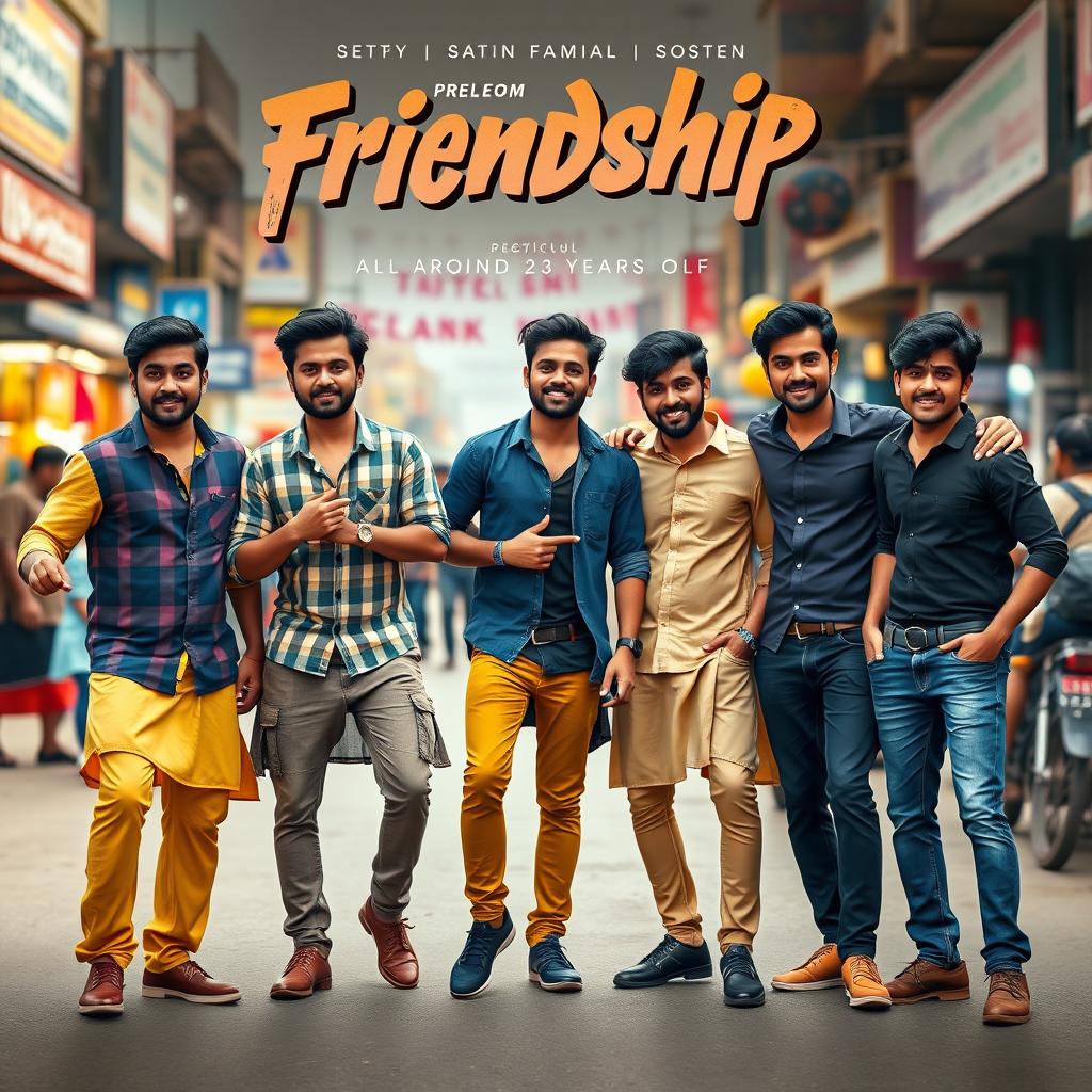 A cinematic friendship film poster featuring five fit and slim Indian men, all around 23 years old, enjoying their time together on a vibrant street