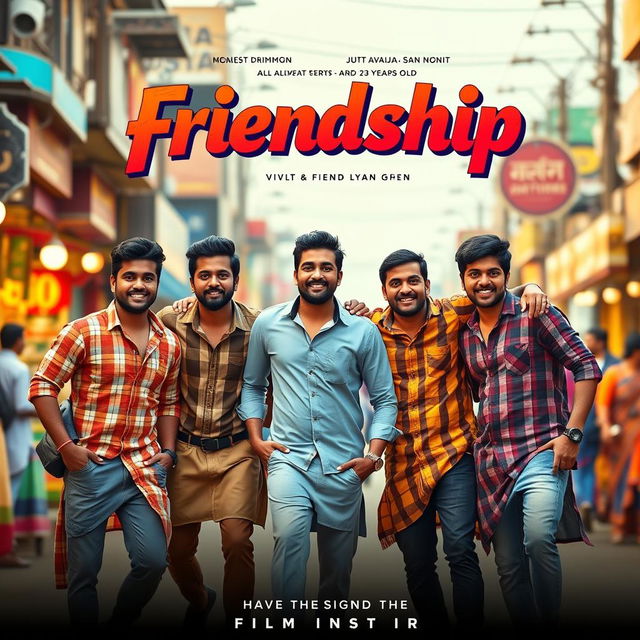 A cinematic friendship film poster featuring five fit and slim Indian men, all around 23 years old, enjoying their time together on a vibrant street