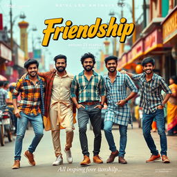 A cinematic friendship film poster featuring five fit and slim Indian men, all around 23 years old, enjoying their time together on a vibrant street