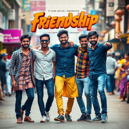 A cinematic friendship film poster featuring five fit and slim Indian men, all around 23 years old, enjoying their time together on a vibrant street