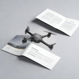 A modern, digital art brochure showcasing industrial drone systems with sections for 'Ready Built' and 'Build to Order' options, features, specifications, autopilot/payload, ground control systems, applications, company history, and contact details