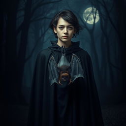 A surreal and captivating scene featuring a bat hanging gracefully from the neck of a person