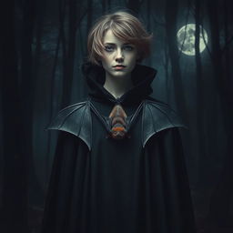 A surreal and captivating scene featuring a bat hanging gracefully from the neck of a person