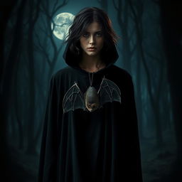 A surreal and captivating scene featuring a bat hanging gracefully from the neck of a person