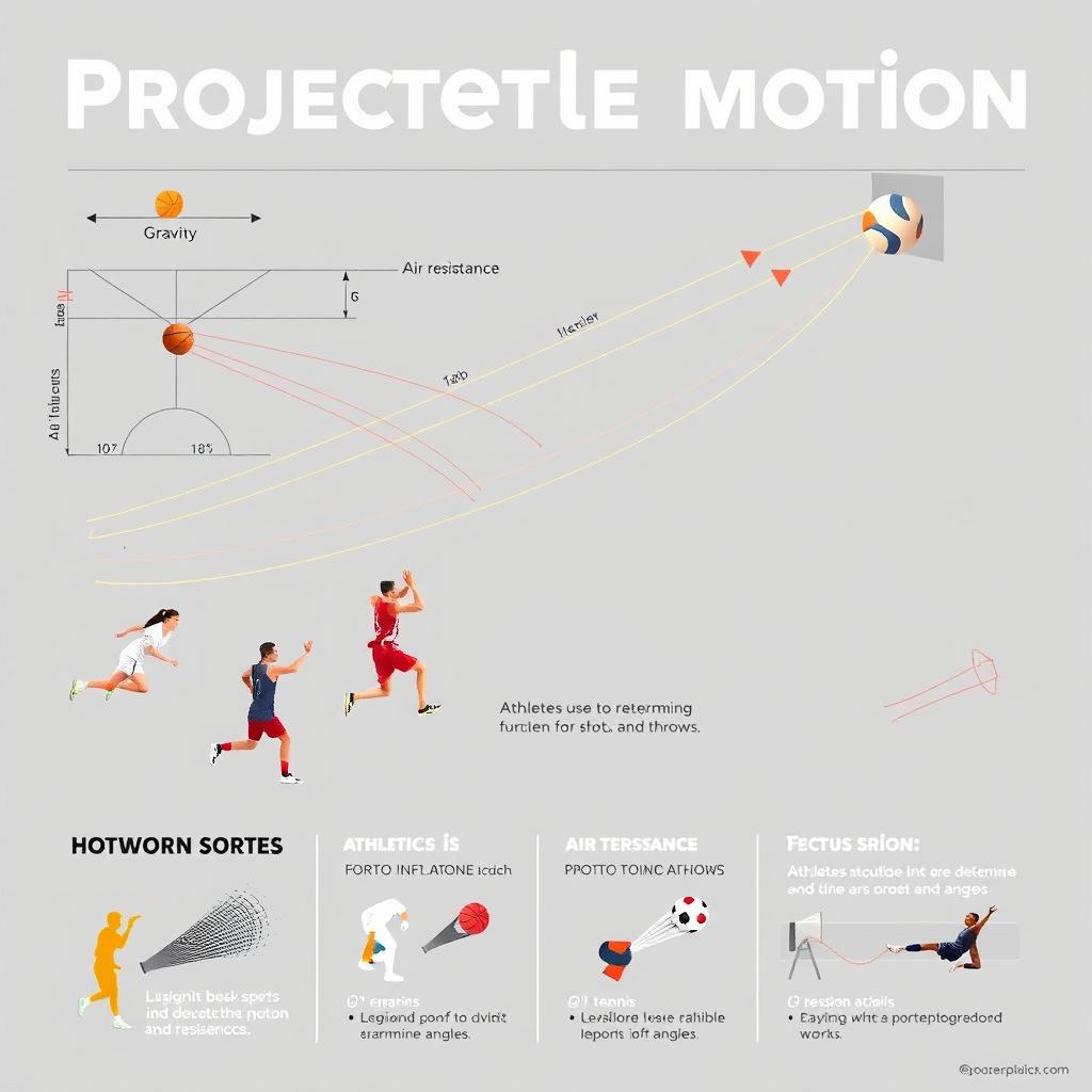 A visually engaging poster design showcasing the concept of projectile motion in various sports like basketball, soccer, and tennis