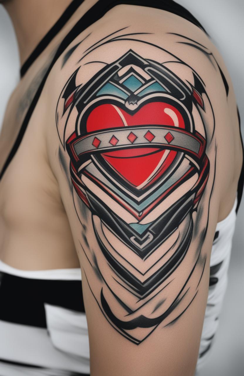 A high-resolution image of a traditional heart tattoo with vibrant red color, thick black outlines, and a contrasting white banner