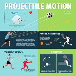 A visually engaging poster design showcasing the concept of projectile motion in various sports like basketball, soccer, and tennis