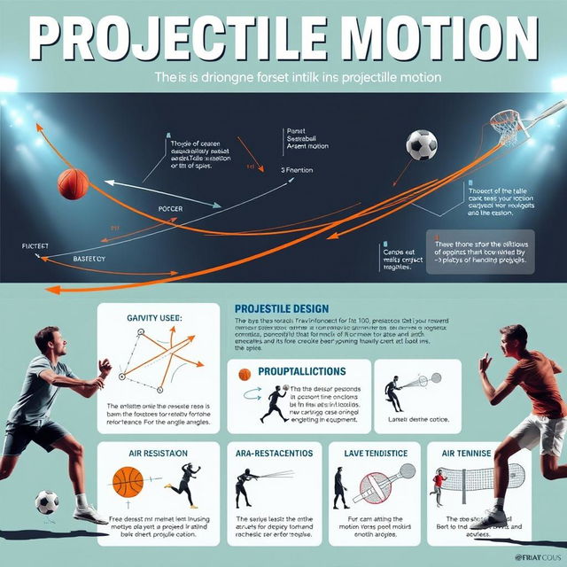 A visually engaging poster design showcasing the concept of projectile motion in various sports like basketball, soccer, and tennis