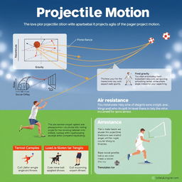 A visually engaging poster design showcasing the concept of projectile motion in various sports like basketball, soccer, and tennis