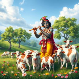 A serene and picturesque scene of Lord Shri Krishna, depicted as a young man with dark skin, adorned in traditional Indian attire with intricate patterns and vibrant colors
