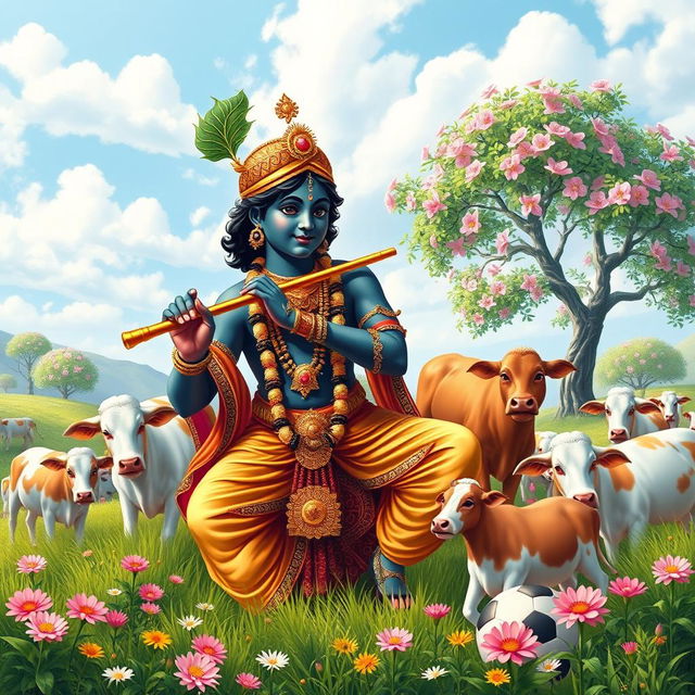 A serene and picturesque scene of Lord Shri Krishna, depicted as a young man with dark skin, adorned in traditional Indian attire with intricate patterns and vibrant colors