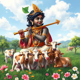 A serene and picturesque scene of Lord Shri Krishna, depicted as a young man with dark skin, adorned in traditional Indian attire with intricate patterns and vibrant colors