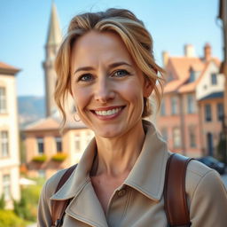 A full-length photo of a healthy, active, and friendly woman aged 40-45 with a natural appearance