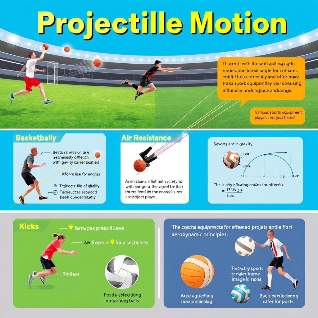 A visually appealing educational poster illustrating the significance of projectile motion in sports like basketball, soccer, and volleyball