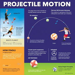 A visually appealing educational poster illustrating the significance of projectile motion in sports like basketball, soccer, and volleyball