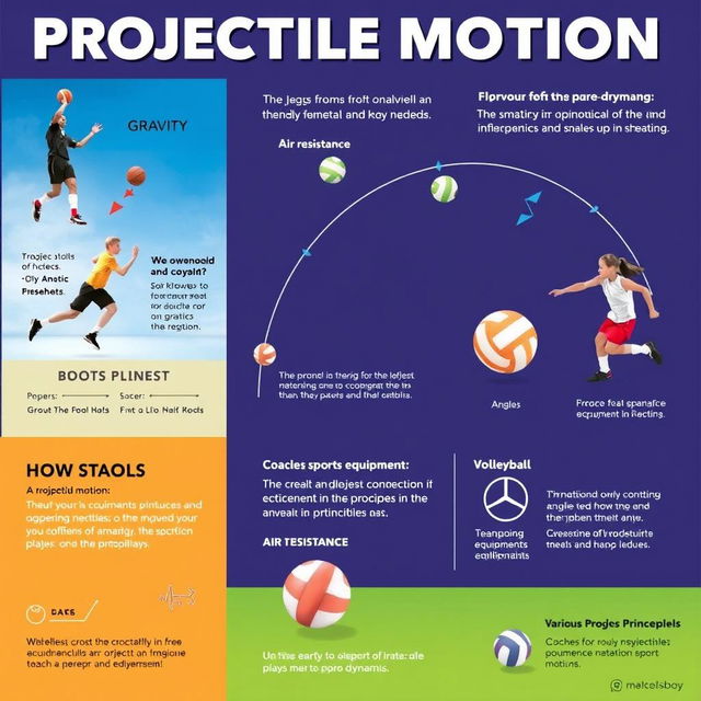 A visually appealing educational poster illustrating the significance of projectile motion in sports like basketball, soccer, and volleyball