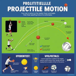 A visually appealing educational poster illustrating the significance of projectile motion in sports like basketball, soccer, and volleyball