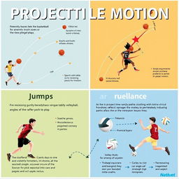 A visually appealing educational poster illustrating the significance of projectile motion in sports like basketball, soccer, and volleyball