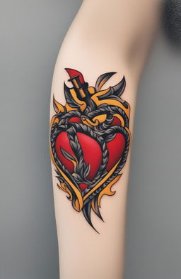 A high-resolution image of a traditional heart tattoo with vibrant red color, thick black outlines, and a contrasting white banner