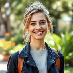 A full-length photo of a healthy, active, and friendly woman aged 30-35 with a natural appearance