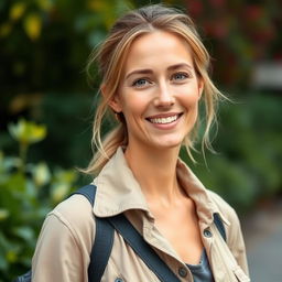 A full-length photo of a healthy, active, and friendly woman aged 30-35 with a natural appearance