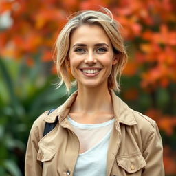A full-length photo of a healthy, active, and friendly woman aged 30-35 with a natural appearance