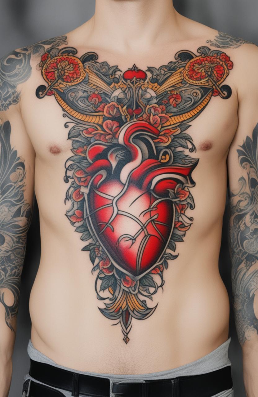 A high-resolution image of a traditional heart tattoo with vibrant red color, thick black outlines, and a contrasting white banner