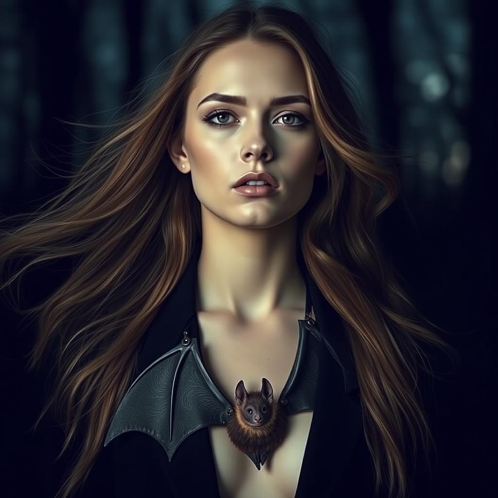 A striking image of a person wearing a bat as a unique and artistic necklace, the bat elegantly draped around their neck like a piece of jewelry