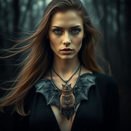A striking image of a person wearing a bat as a unique and artistic necklace, the bat elegantly draped around their neck like a piece of jewelry