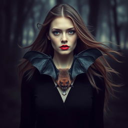 A striking image of a person wearing a bat as a unique and artistic necklace, the bat elegantly draped around their neck like a piece of jewelry