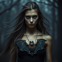 A striking image of a person wearing a bat as a unique and artistic necklace, the bat elegantly draped around their neck like a piece of jewelry