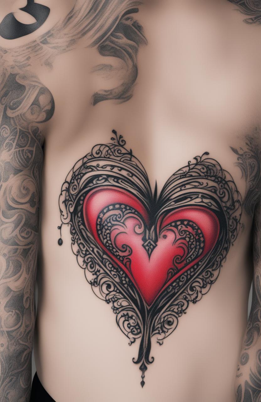 A high-quality image of a heart tattoo design, featuring a vibrant red heart outlined in bold black ink and embellished with intricate patterns