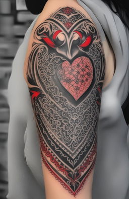 A high-quality image of a heart tattoo design, featuring a vibrant red heart outlined in bold black ink and embellished with intricate patterns