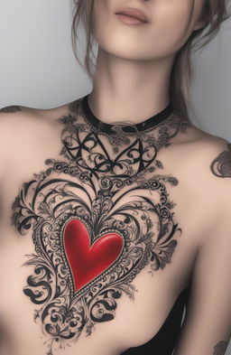 A high-quality image of a heart tattoo design, featuring a vibrant red heart outlined in bold black ink and embellished with intricate patterns