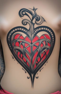 A high-quality image of a heart tattoo design, featuring a vibrant red heart outlined in bold black ink and embellished with intricate patterns