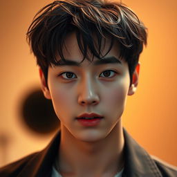 A captivating portrait of Jungkook, featuring a strikingly handsome young man with sharp facial features and expressive eyes
